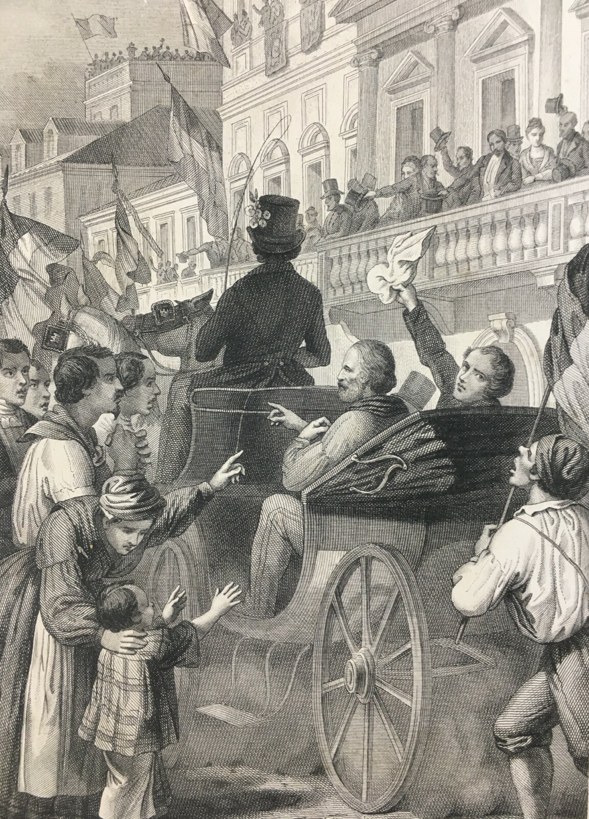Napoli, Garibaldi: Festosa Accoglienza, Animata Veduta Dell'Ottocento Con Bandiere, Masutti