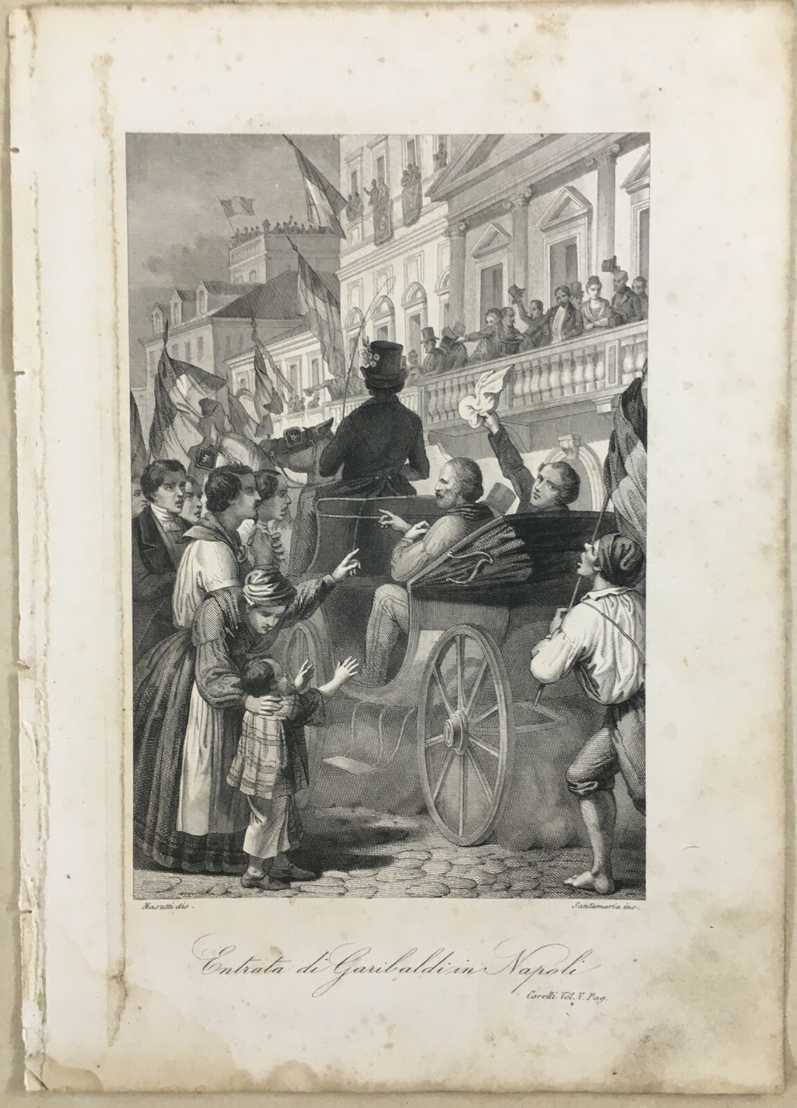 Napoli, Garibaldi: Festosa Accoglienza, Animata Veduta Dell'Ottocento Con Bandiere, Masutti