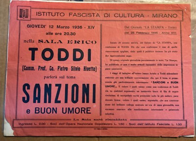 Toddi (Pietro Silvio Rivetta): Conferenza A Mirano. Antico Foglio Volante Pubblicitario Toniolo