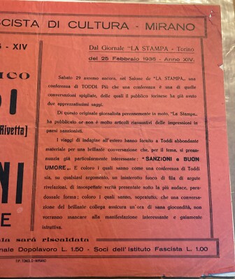Toddi (Pietro Silvio Rivetta): Conferenza A Mirano. Antico Foglio Volante Pubblicitario Toniolo