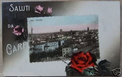 Emilia Romagna, Carpi, Saluti Rose E Panorama, Antica Cartolina Decorativa