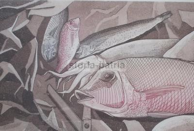 Arte Grafica Moderna: Cucina, Pesce, Calamari, Forbici. Opera d'Arte, 1980