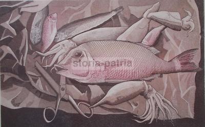 Arte Grafica Moderna: Cucina, Pesce, Calamari, Forbici. Opera d'Arte, 1980