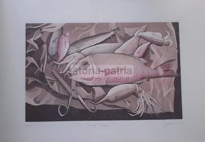Arte Grafica Moderna: Cucina, Pesce, Calamari, Forbici. Opera d'Arte, 1980