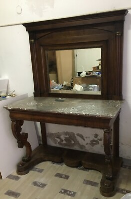 Antica Consolle Da Muro Con Specchiera In Legno Di Noce E Marmo