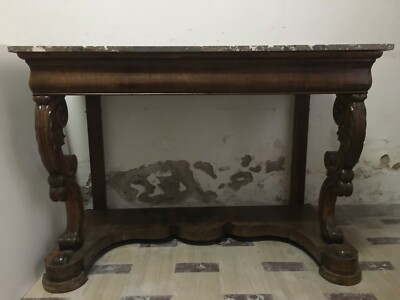 Antica Consolle Da Muro Con Specchiera In Legno Di Noce E Marmo