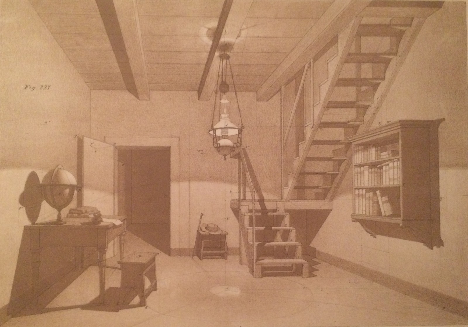 Architettura: Prospettiva Di Interno Con Scrittoio, Mappamondo E Libri