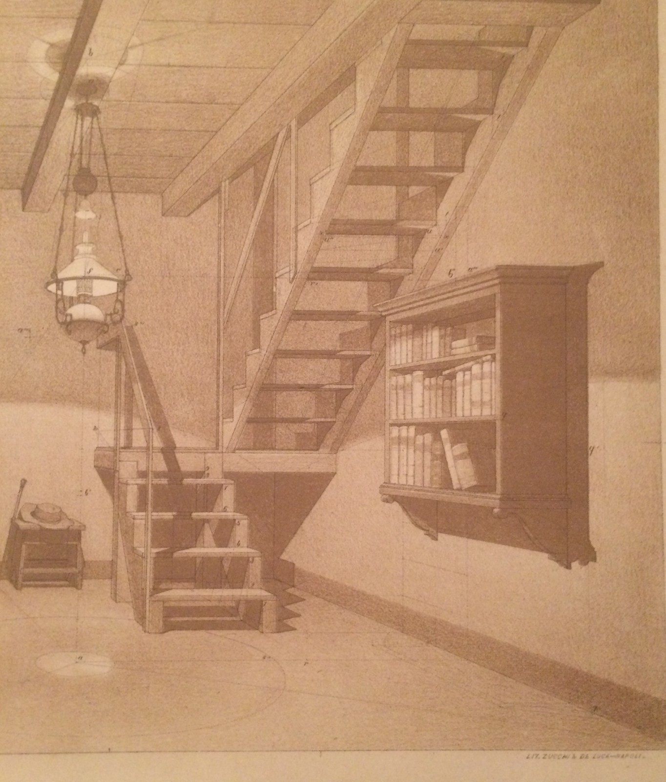 Architettura: Prospettiva Di Interno Con Scrittoio, Mappamondo E Libri