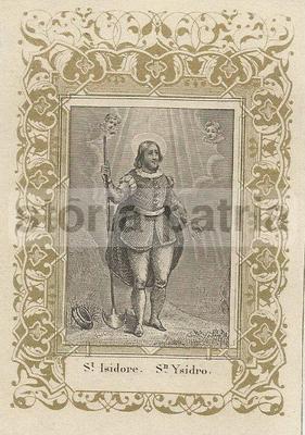 Stampa Popolare Devozionale: S. Isidoro, Santino Litografato Dorato, XIX Secolo