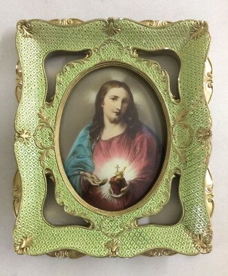 Arte Devozionale: Cuore Di Gesù, Stampa Su Vetro Ovale, Cornice In Gesso d'Epoca
