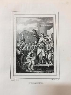 Antica Stampa Popolare Napoletana: Litografia Di Wenzel Con Scena Biblica Di Giuditta, Circa 1840