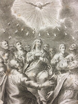 Antica Stampa Popolare Devozionale: Scena Biblica Della Pentecoste   Incisore G.B. Sintes