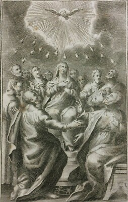 Antica Stampa Popolare Devozionale: Scena Biblica Della Pentecoste   Incisore G.B. Sintes