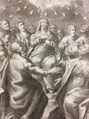 Antica Stampa Popolare Devozionale: Scena Biblica Della Pentecoste   Incisore G.B. Sintes