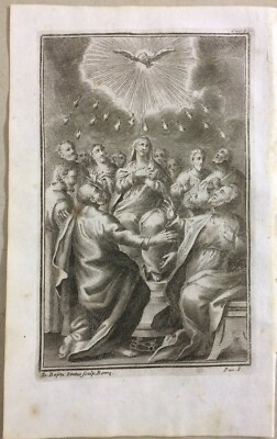 Antica Stampa Popolare Devozionale: Scena Biblica Della Pentecoste   Incisore G.B. Sintes
