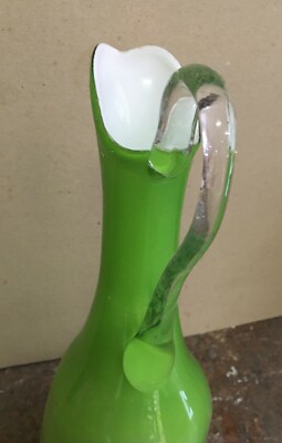 Antico Vetro Da Collezione, Vaso Di Bel Modellato, Opalescente Verde, Caraffa, Novecento