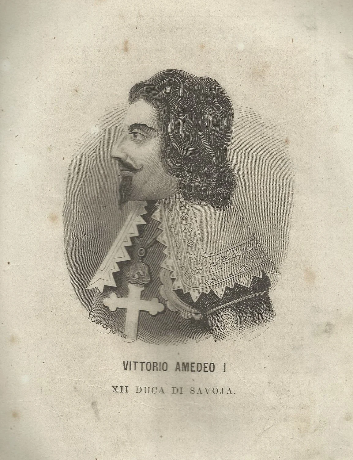 Ritratto Xilografico di Vittorio Amedeo I, XII Duca di Savoia, Tavola della Seconda Metà dell'Ottocento, foto 2 di 2