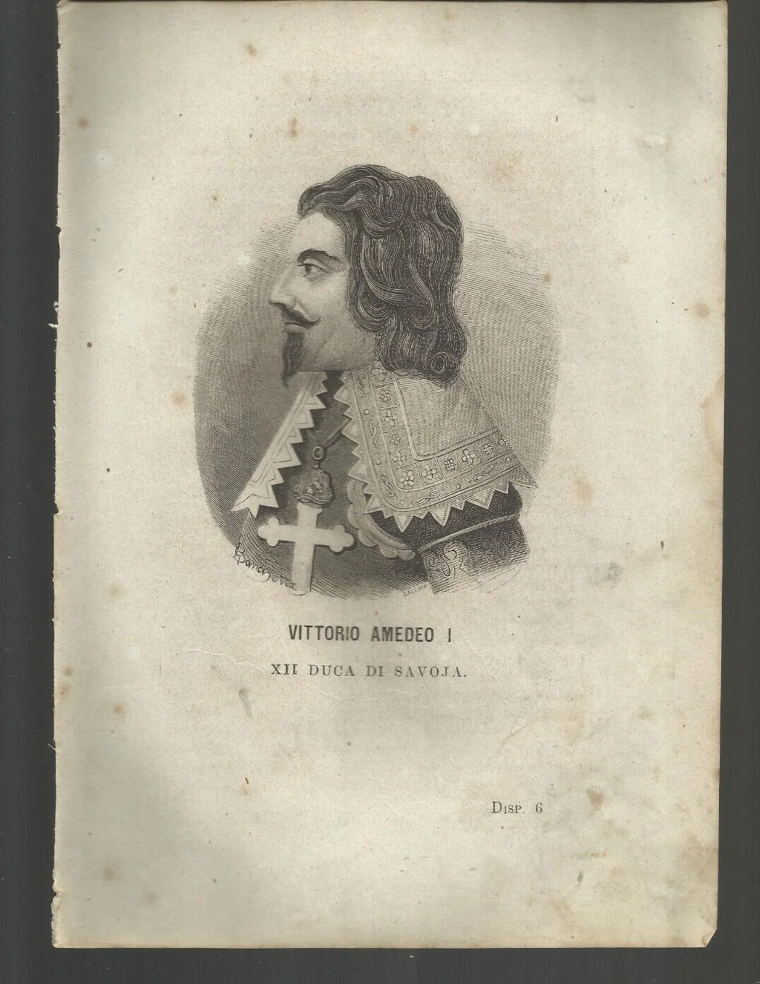 Ritratto Xilografico di Vittorio Amedeo I, XII Duca di Savoia, Tavola della Seconda Metà dell'Ottocento