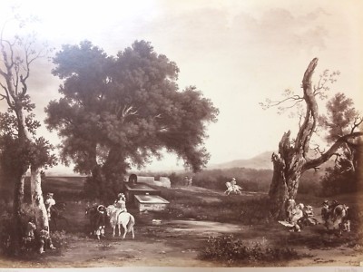 Caccia E Cacciatori: Scena Paesaggistica Con Dame E Cavalieri, Arte Piemontese Dell'Ottocento