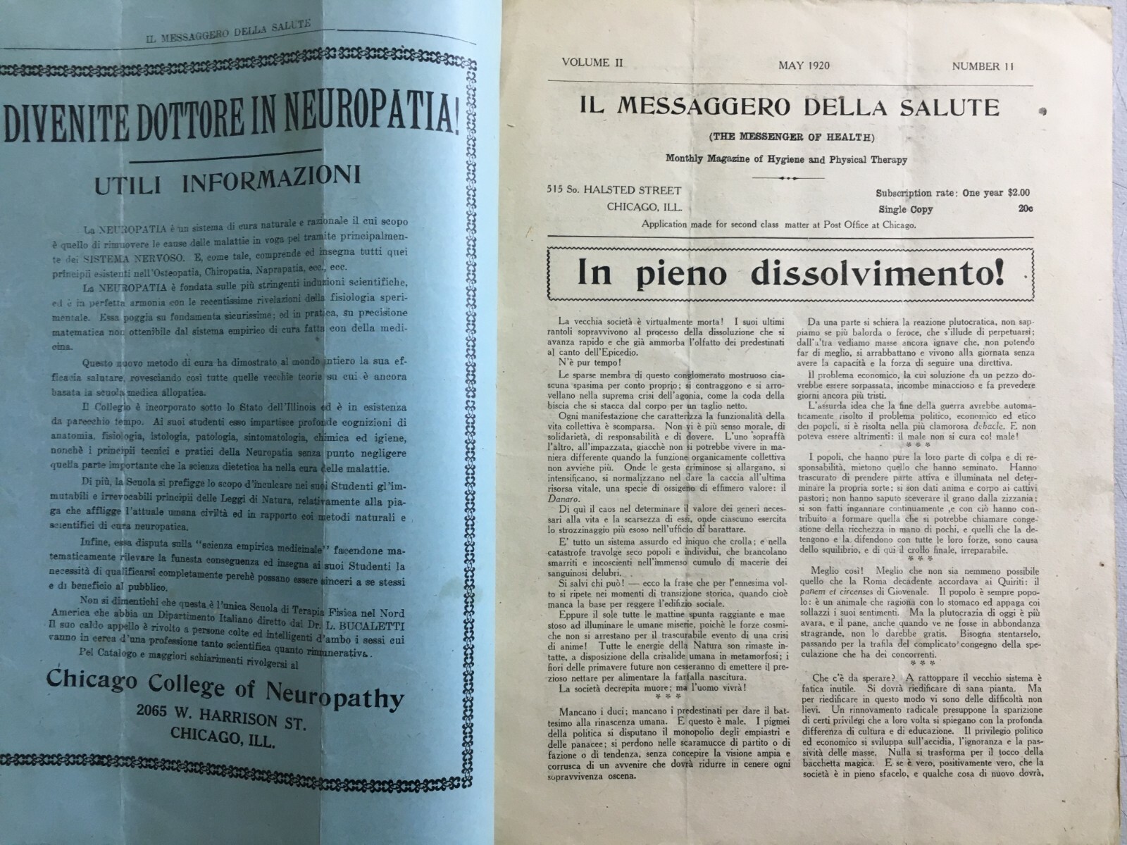Medicina Alternativa, Osteopatia, Naturopatia, Chiropratica Ed Emigrazione A Chicago (1920)