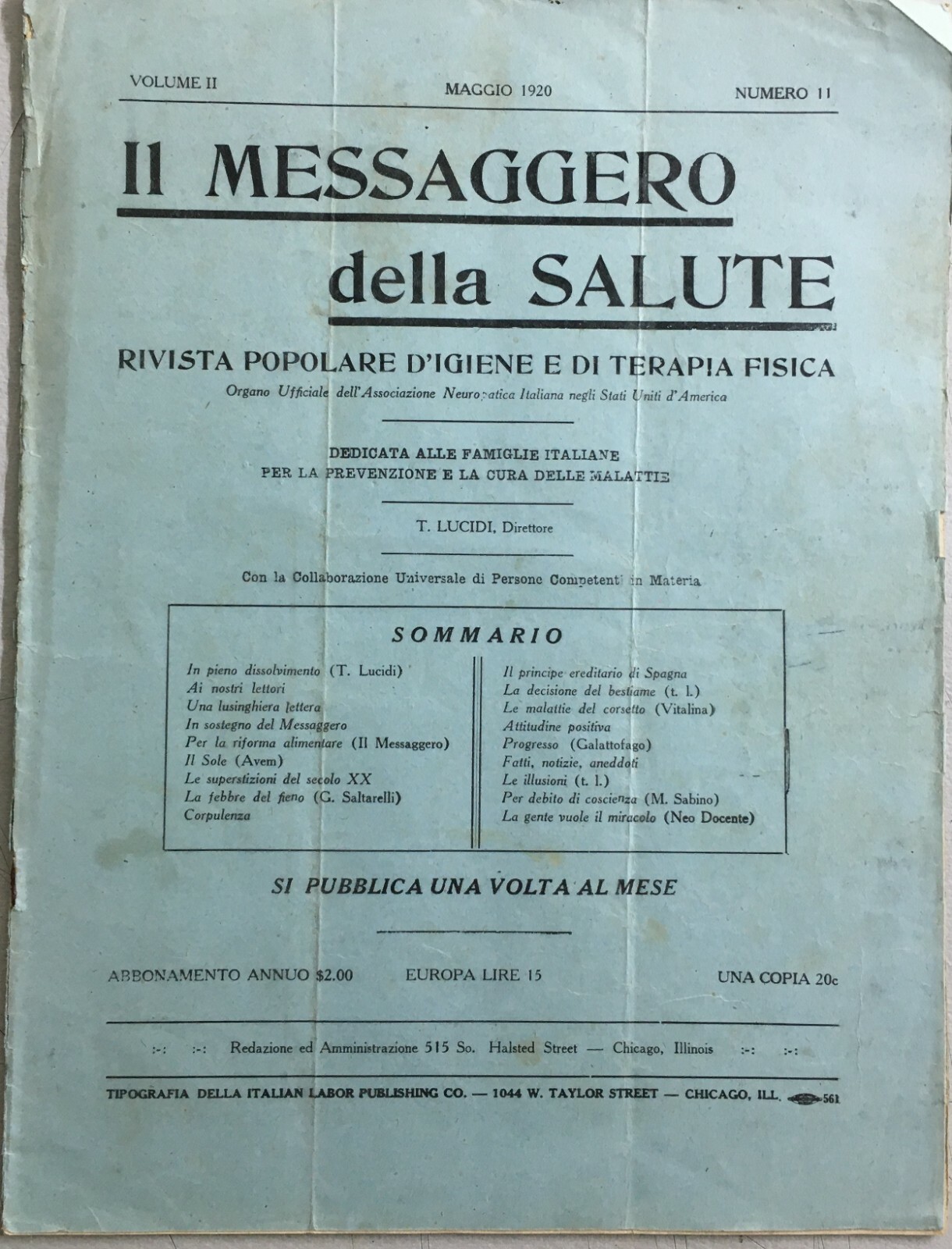 Medicina Alternativa, Osteopatia, Naturopatia, Chiropratica Ed Emigrazione A Chicago (1920)