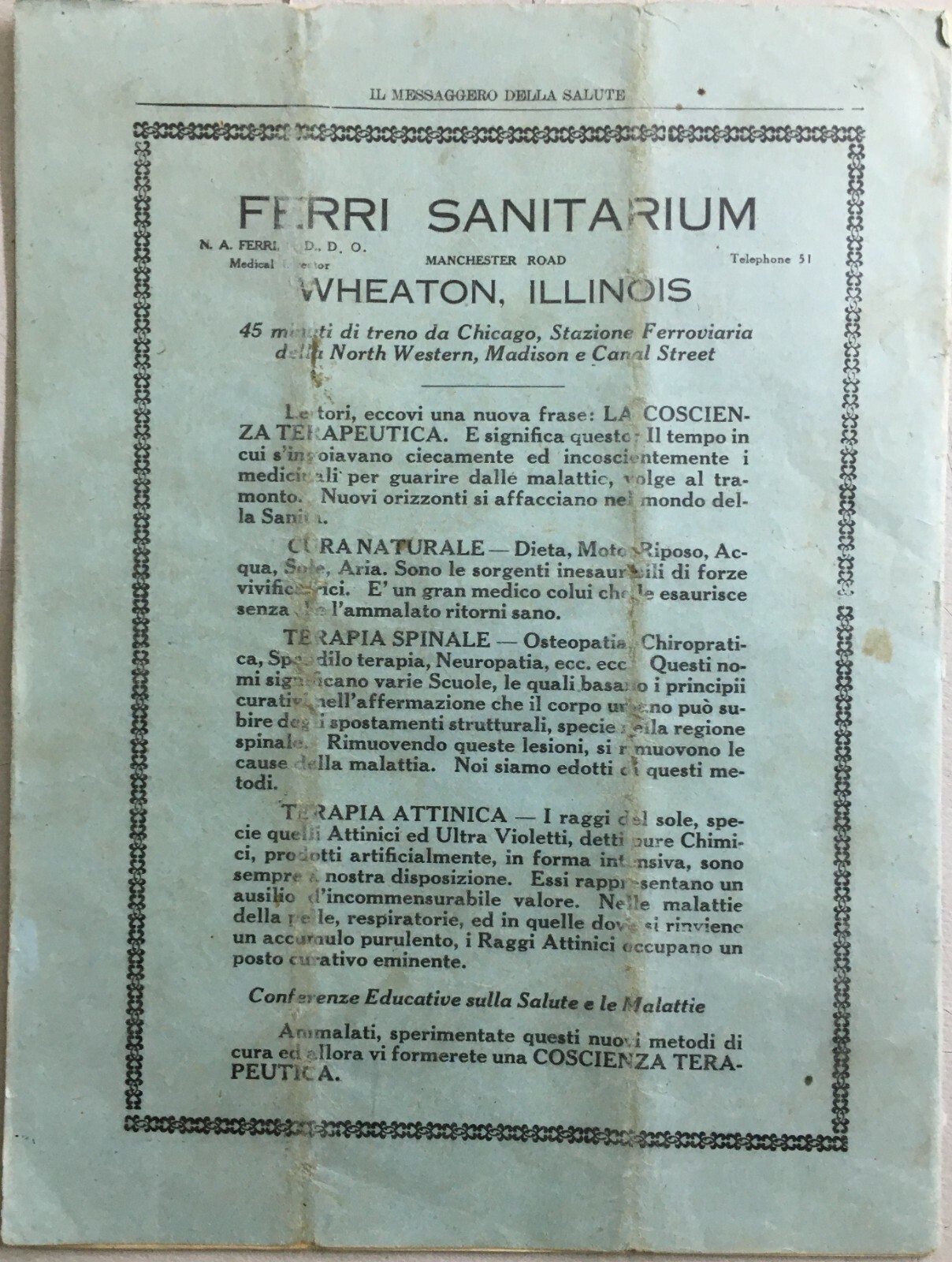Medicina Alternativa, Osteopatia, Naturopatia, Chiropratica Ed Emigrazione A Chicago (1920)