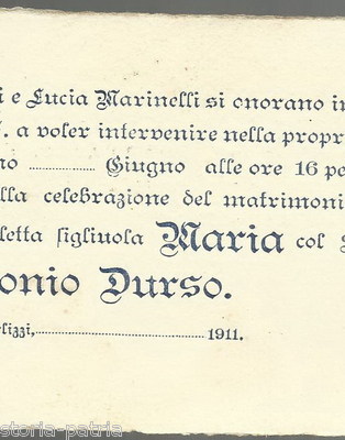 Puglia, Bari, Terlizzi, Marinelli, Durso: Antico Biglietto Di Invito Per Nozze, 1911
