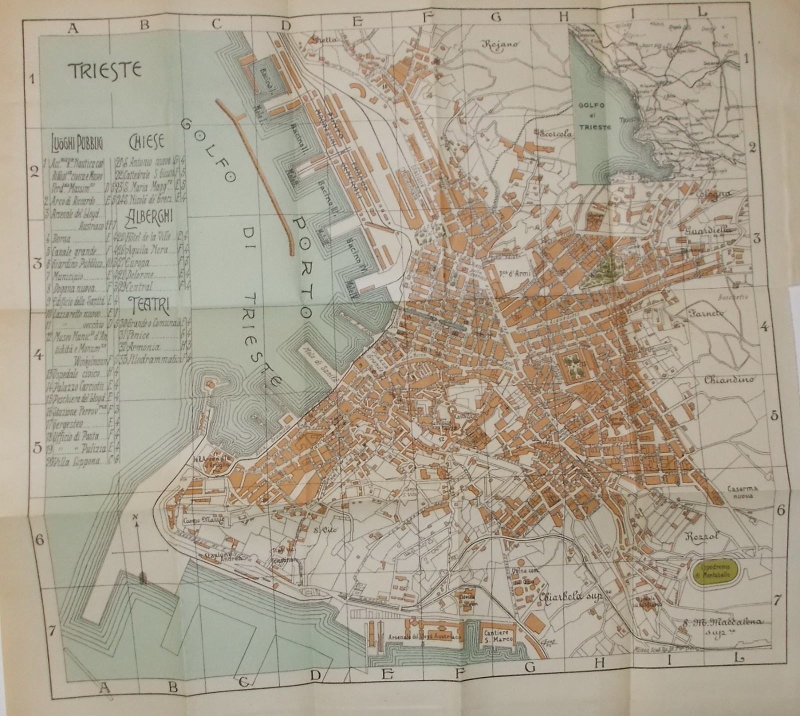 Trieste: Antica Cartografia, Mappa Topografica Con Viabilità, Alberghi E Teatri