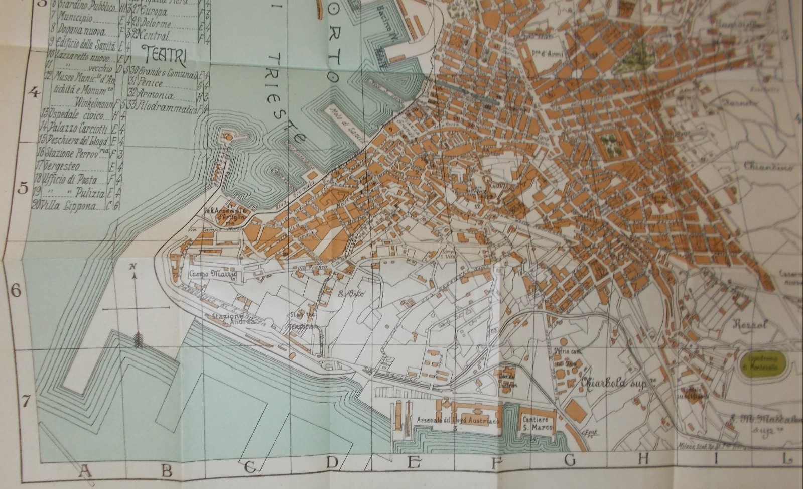 Trieste: Antica Cartografia, Mappa Topografica Con Viabilità, Alberghi E Teatri