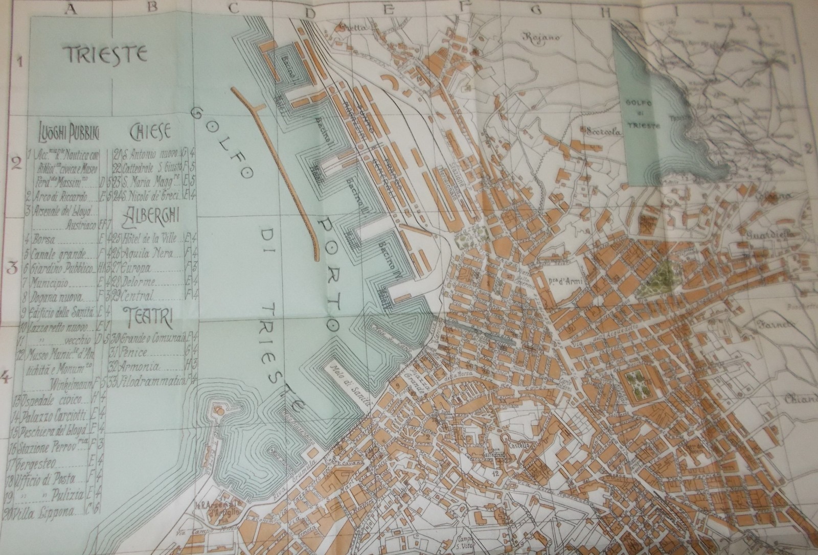 Trieste: Antica Cartografia, Mappa Topografica Con Viabilità, Alberghi E Teatri