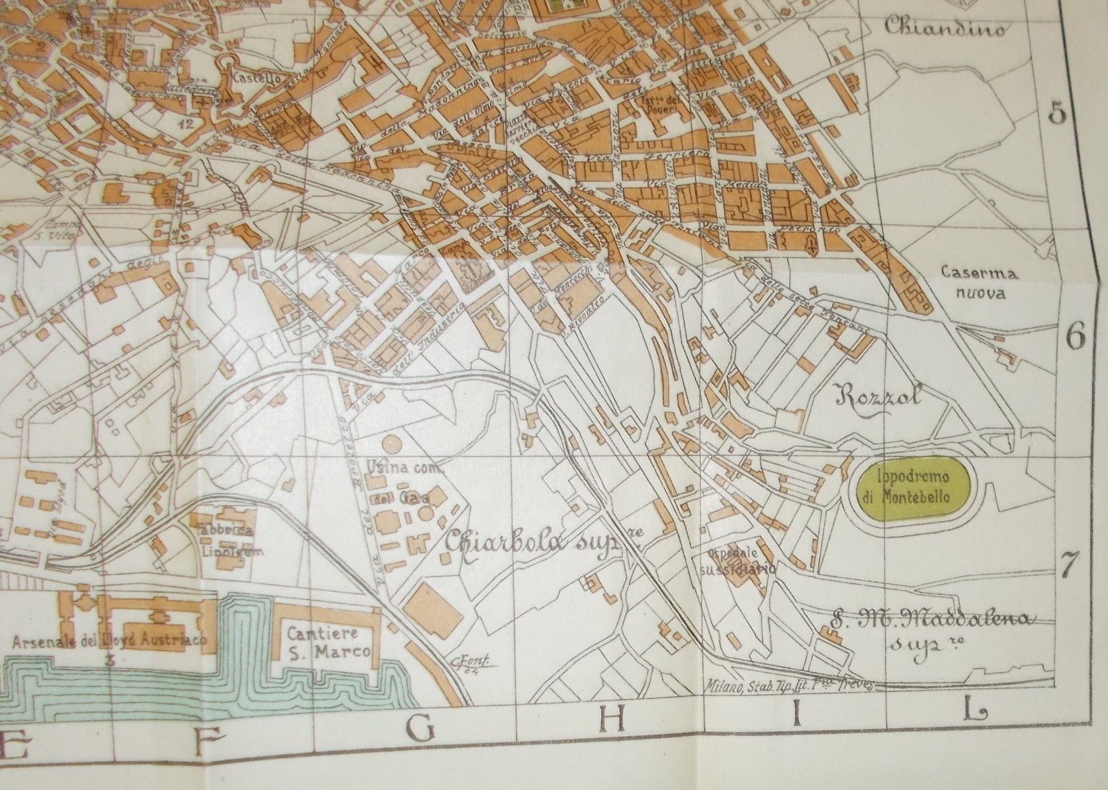 Trieste: Antica Cartografia, Mappa Topografica Con Viabilità, Alberghi E Teatri