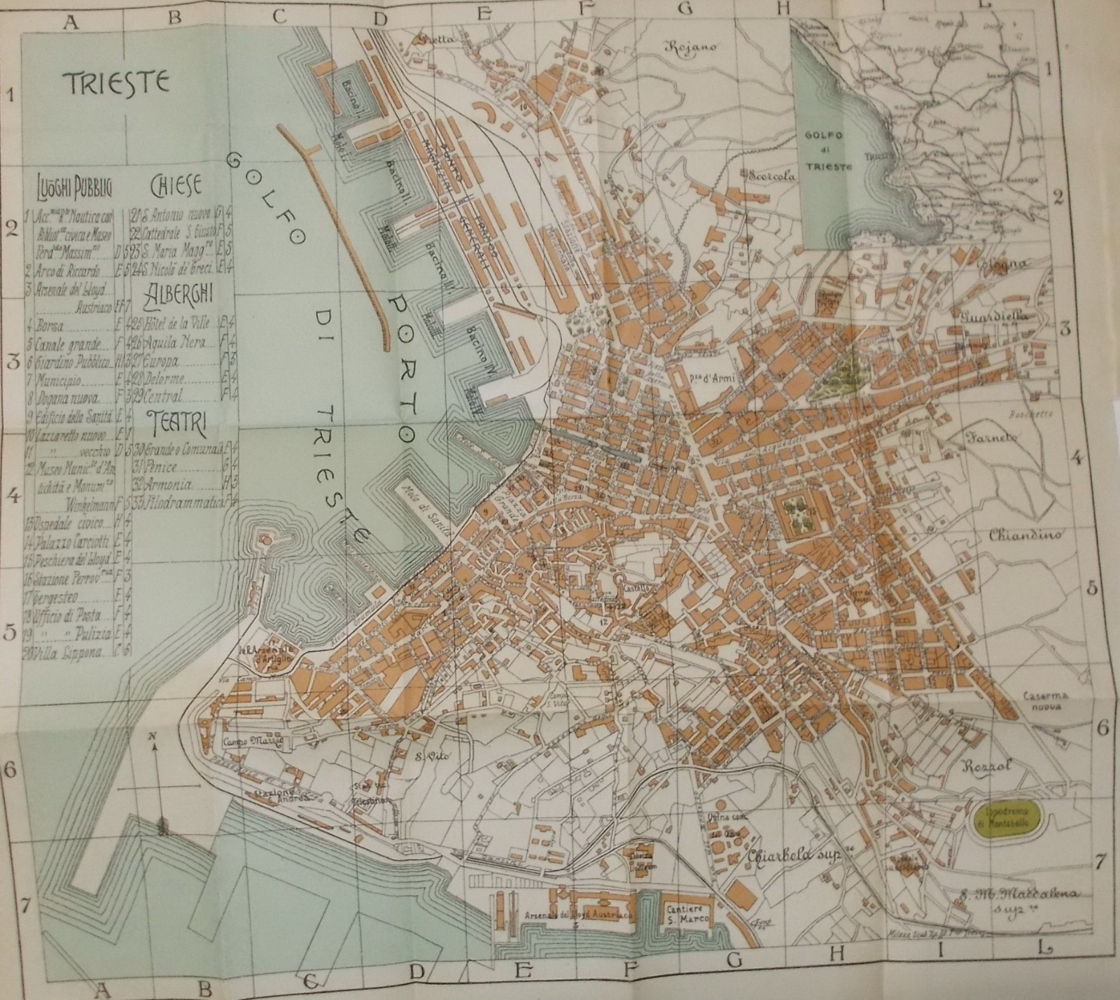 Trieste: Antica Cartografia, Mappa Topografica Con Viabilità, Alberghi E Teatri
