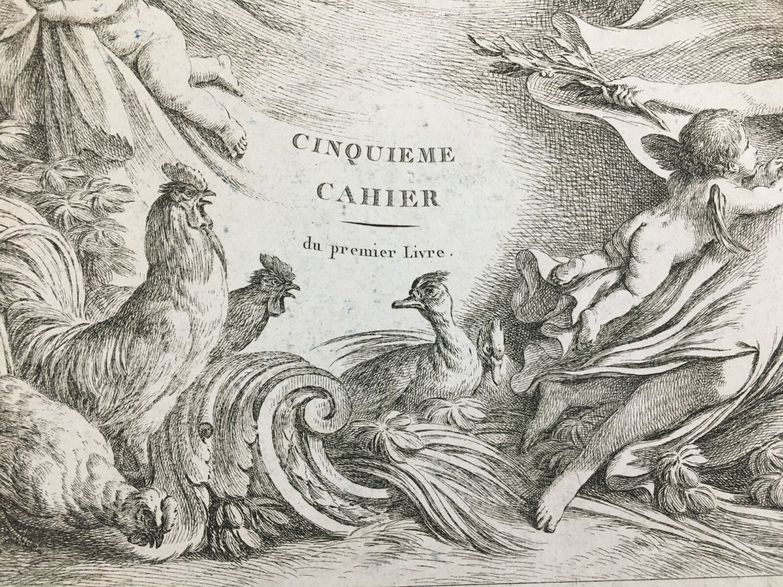 Arte Antica, Artista Huet, Parigi, Incisione Di Pregio, Musica, Angeli, Galline, Oche
