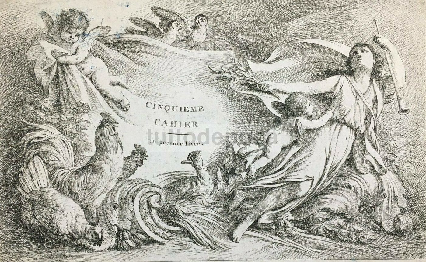Arte Antica, Artista Huet, Parigi, Incisione Di Pregio, Musica, Angeli, Galline, Oche