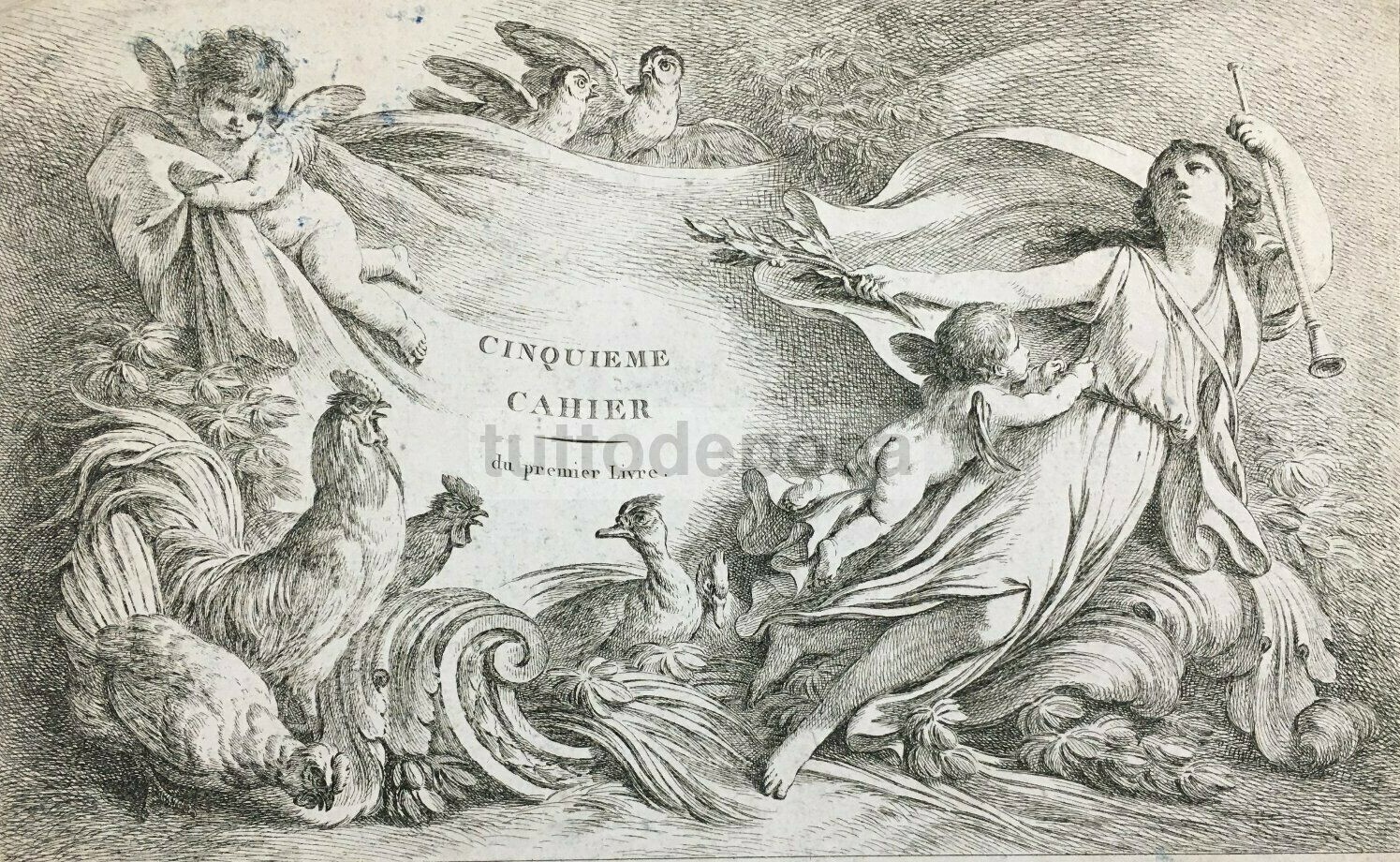 Arte Antica, Artista Huet, Parigi, Incisione Di Pregio, Musica, Angeli, Galline, Oche