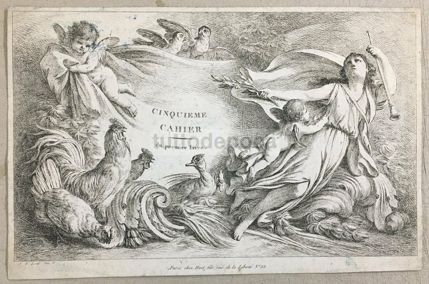 Arte Antica, Artista Huet, Parigi, Incisione Di Pregio, Musica, Angeli, Galline, Oche