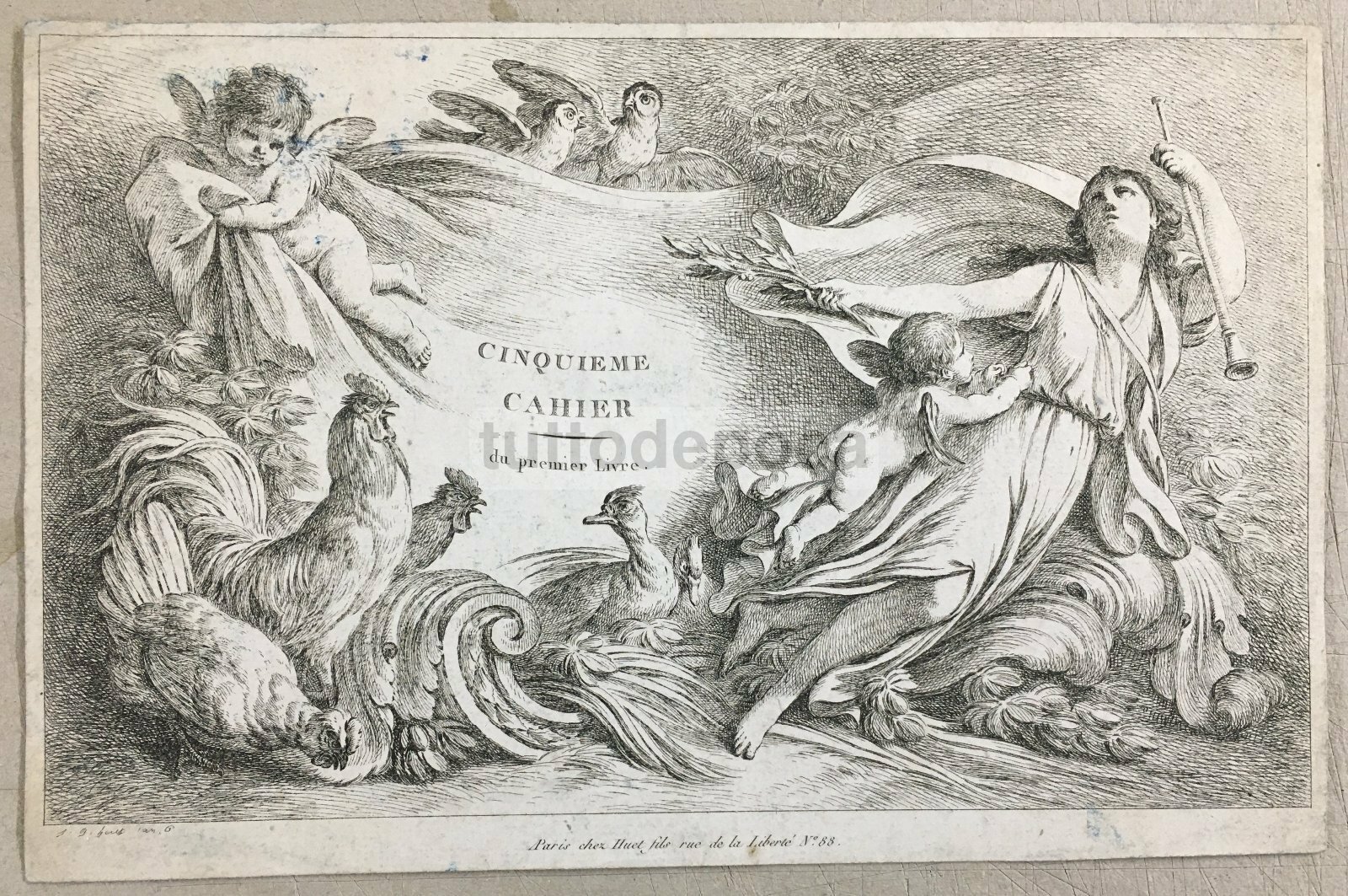 Arte Antica, Artista Huet, Parigi, Incisione Di Pregio, Musica, Angeli, Galline, Oche
