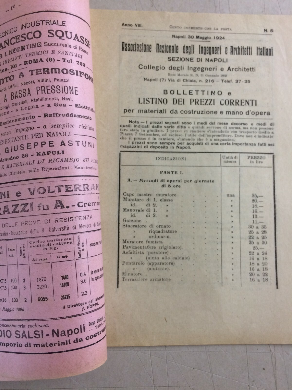 Ingegneria, Edilizia, Materiali E Manodopera: Bollettino Prezzi E Pubblicità, Napoli 1924