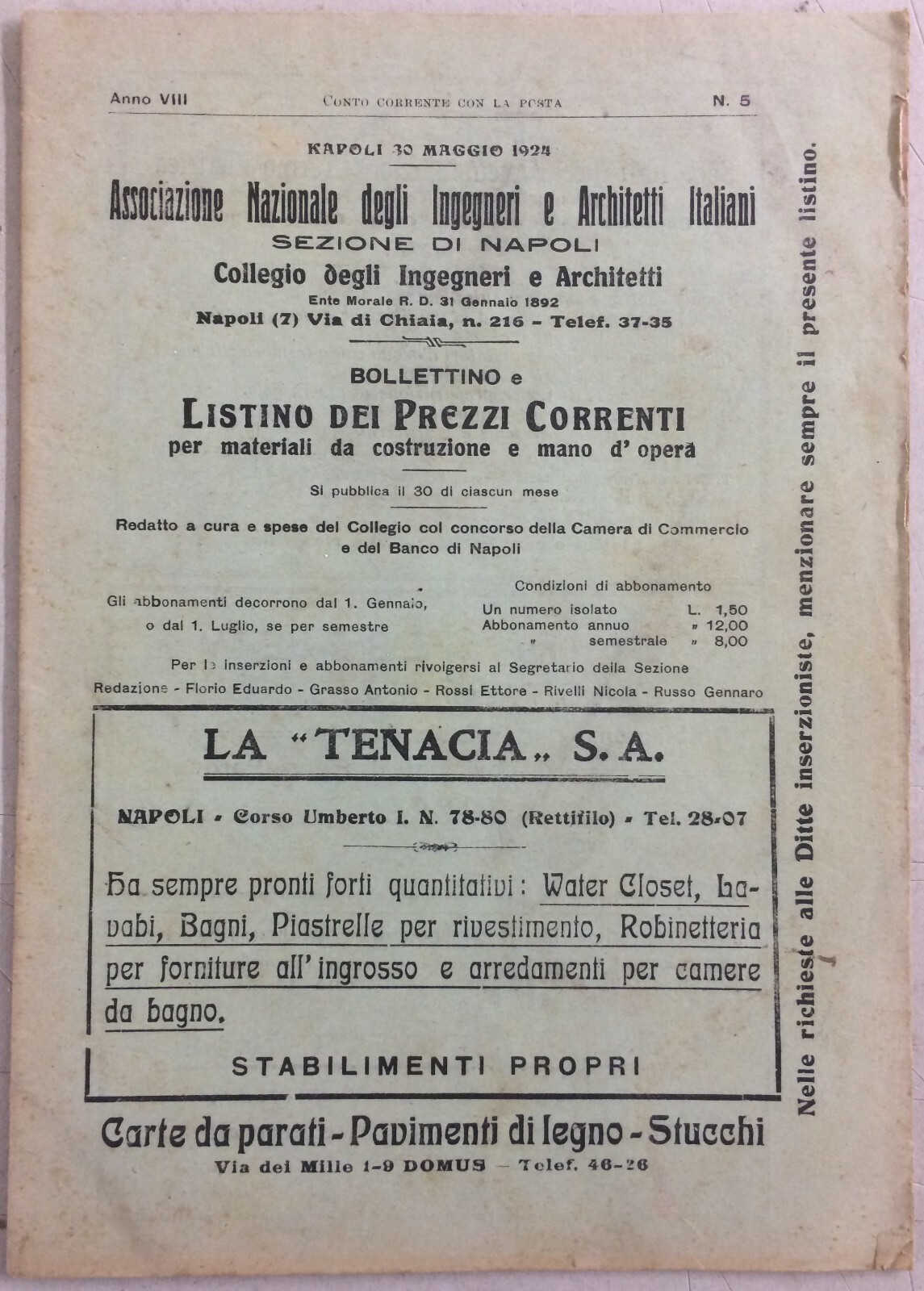 Ingegneria, Edilizia, Materiali E Manodopera: Bollettino Prezzi E Pubblicità, Napoli 1924