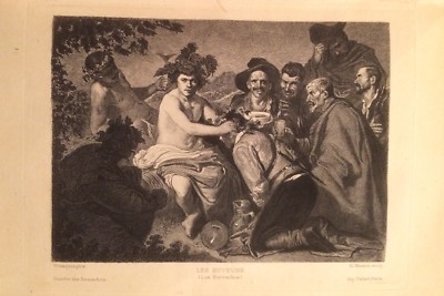 Arte Antica, Incisione: Scena Bacchica, I Bevitori Di Vino. Incisore Masson, Velázquez