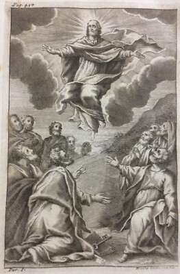 Antica Stampa Popolare Devozionale: Scena Biblica Dell'Ascensione, Artista Nicola Gutierrez
