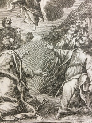 Antica Stampa Popolare Devozionale: Scena Biblica Dell'Ascensione, Artista Nicola Gutierrez