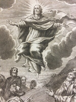 Antica Stampa Popolare Devozionale: Scena Biblica Dell'Ascensione, Artista Nicola Gutierrez
