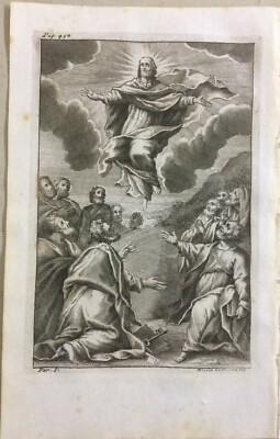 Antica Stampa Popolare Devozionale: Scena Biblica Dell'Ascensione, Artista Nicola Gutierrez
