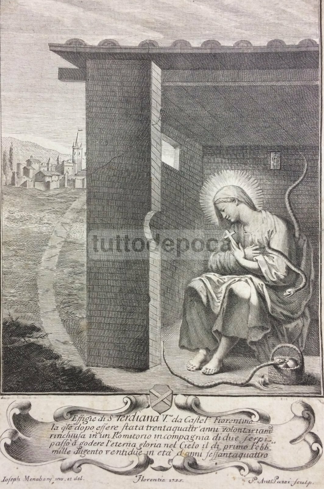Stampa Popolare Devozionale: Santa Verdiana Da Castelfiorentino, Incisore Pazzi, 1735