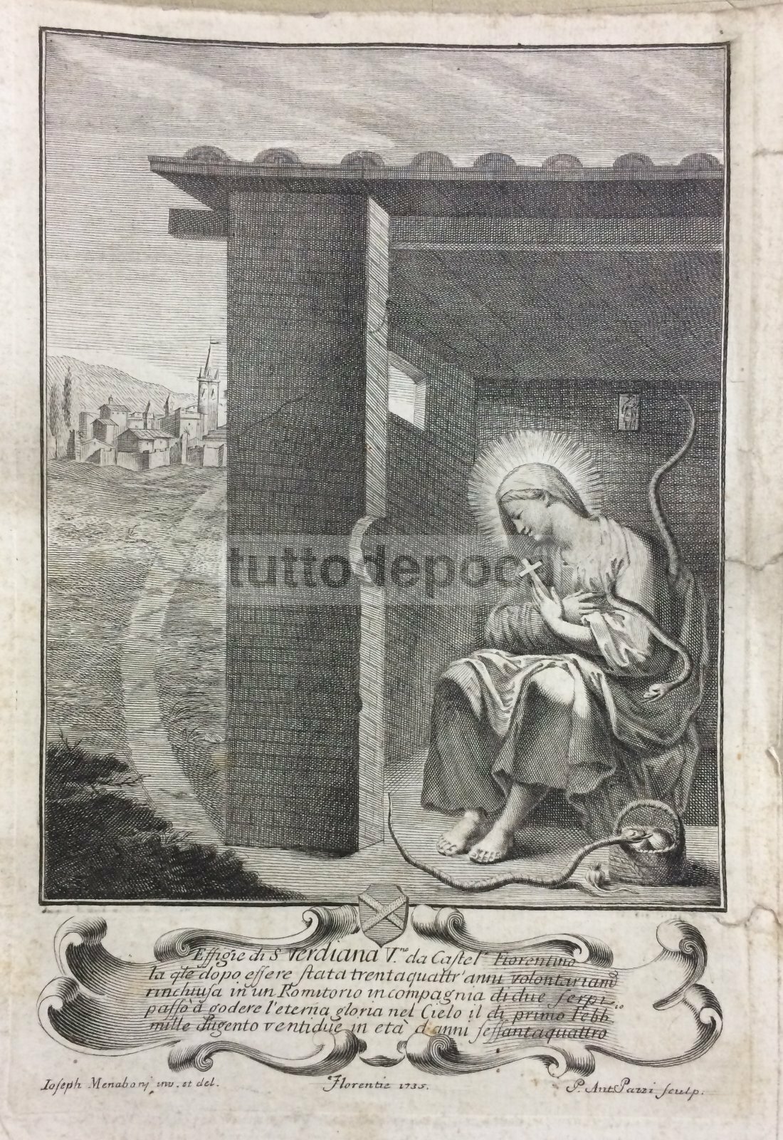 Stampa Popolare Devozionale: Santa Verdiana Da Castelfiorentino, Incisore Pazzi, 1735