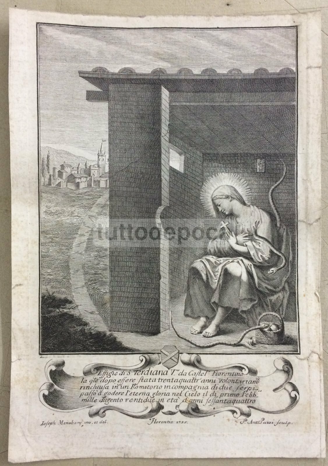 Stampa Popolare Devozionale: Santa Verdiana Da Castelfiorentino, Incisore Pazzi, 1735