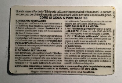 Giochi: Gioco Portfolio '88 Da Collezione, Quotidiano La Repubblica, Tessera d'Epoca
