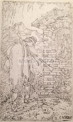 Arte Abruzzo, Folklore E Pellegrinaggio: Giovane Zampognaro E Natività. Rara Incisione Di Basilio Cascella