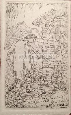 Arte Abruzzo, Folklore E Pellegrinaggio: Giovane Zampognaro E Natività. Rara Incisione Di Basilio Cascella